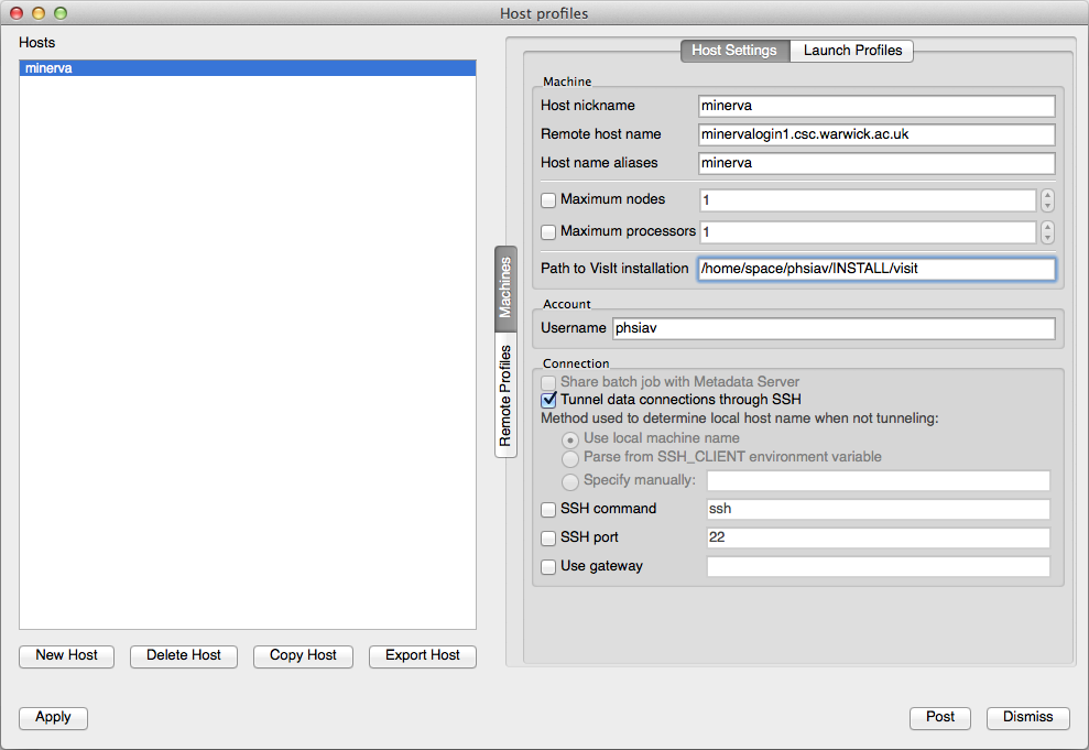 VisIT remote host configurationdialog